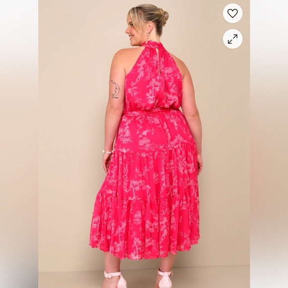 Lulu’s Float to You Hot Pink Floral Print Halter-Neck Tiered Midi Dress XL - Picture 4 of 6
